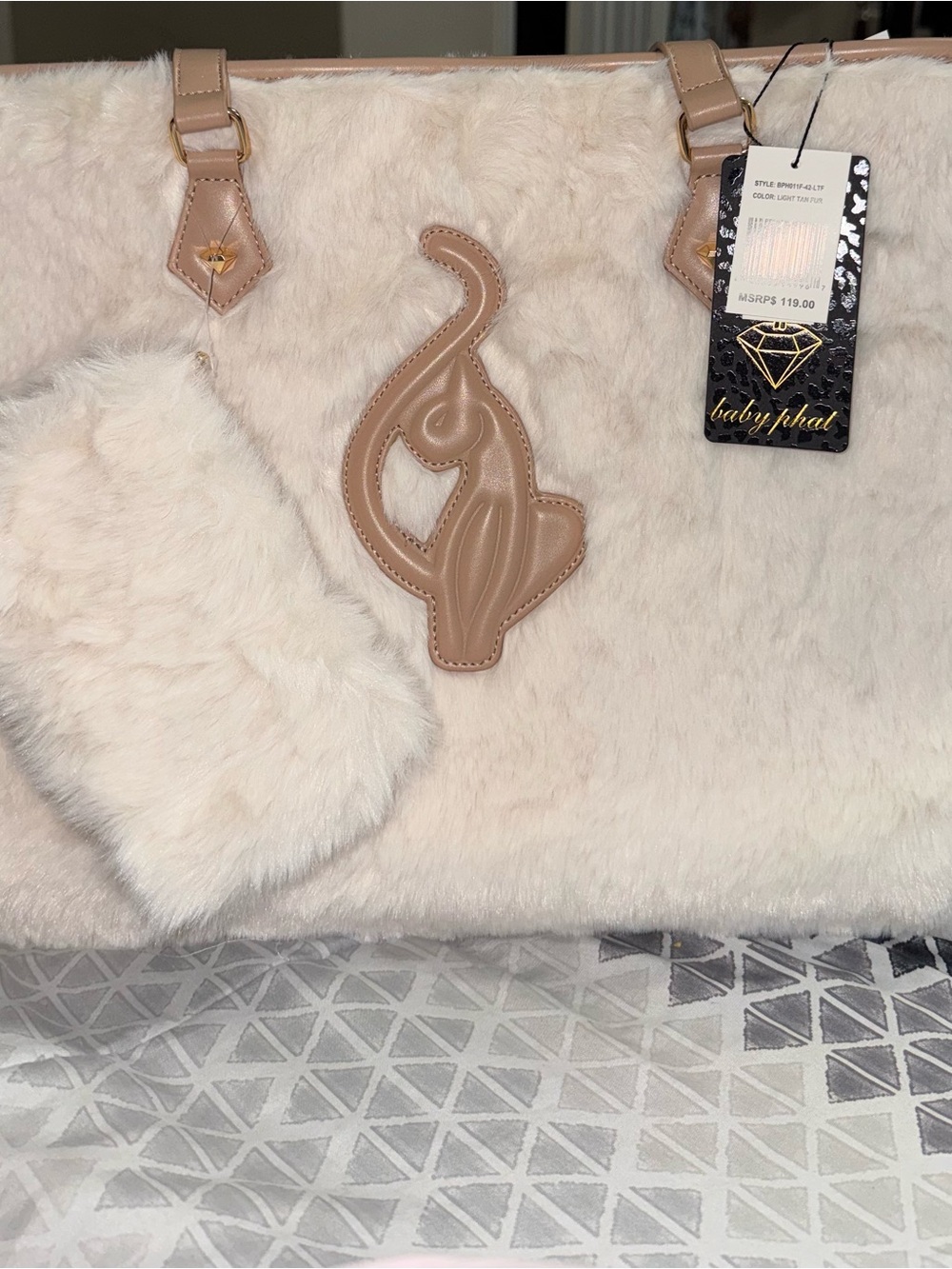 Baby Phat Cream Faux Fur Tote with Beige Cat Applique